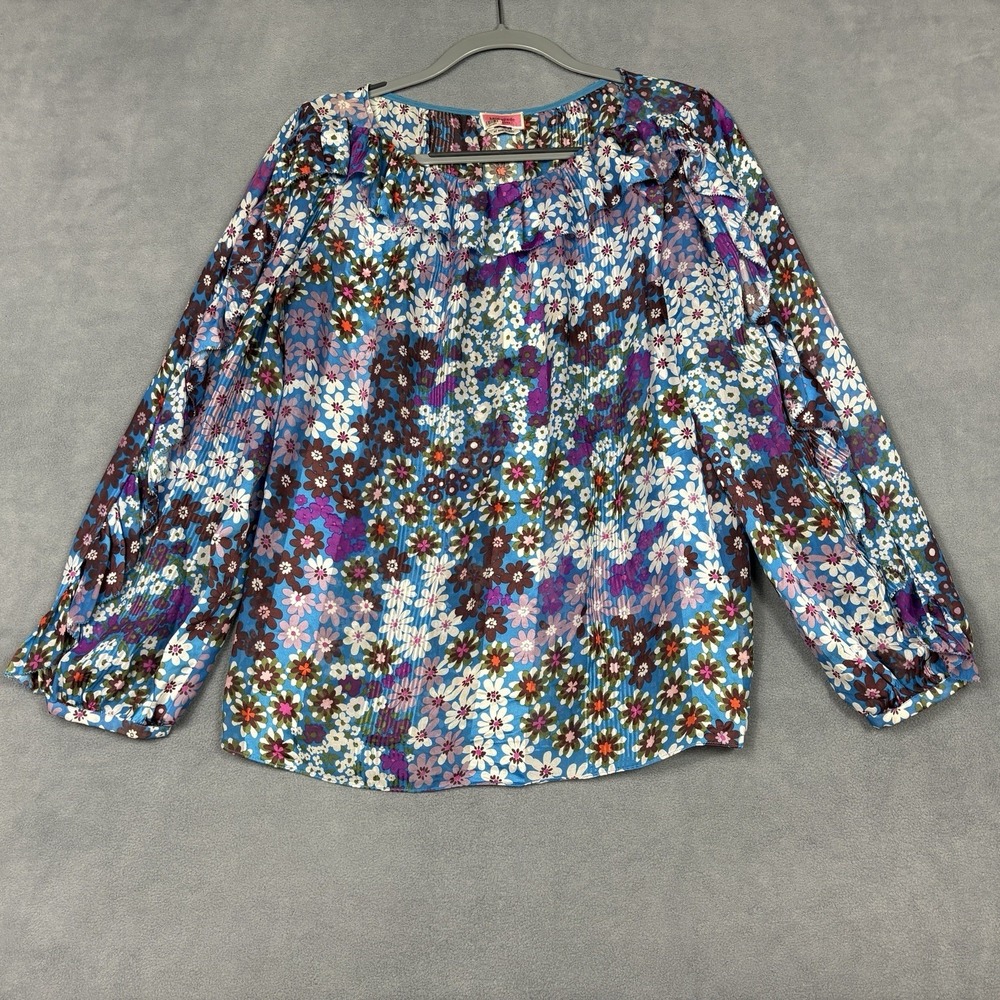 Kate Spade New‎ York Size XL Floral 100% Silk Blouse Blue Multicolor Ruffle Neck - Picture 2 of 9